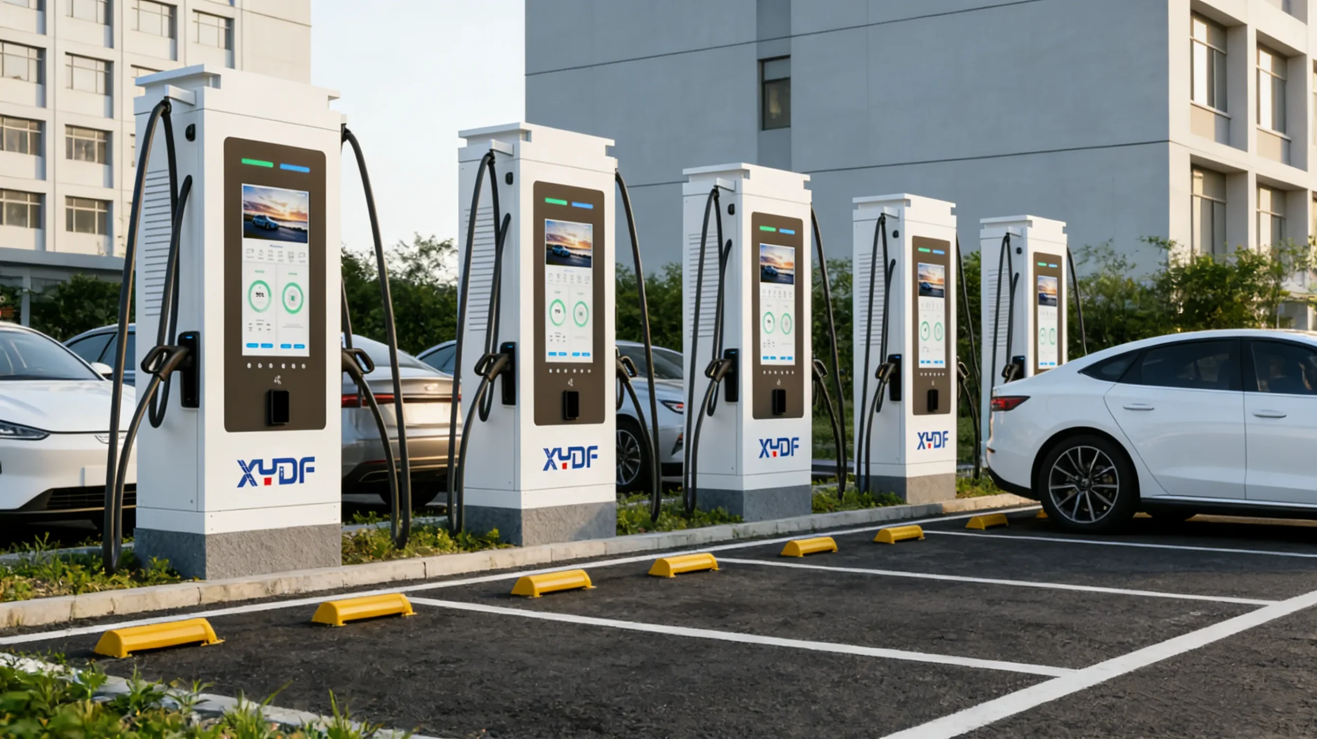 التجهيزات التجارية للبطاريات الكهربائية DC من XYDF الأصلية المثبتة بشكل دائم في منطقة شحن خارجية محمية في مصنع تعدين أو بناء، بدون أي نص إضافي
