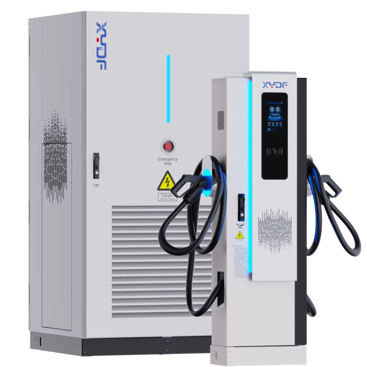 Split DC fast charging station power cabinet and dispenser shown side by side