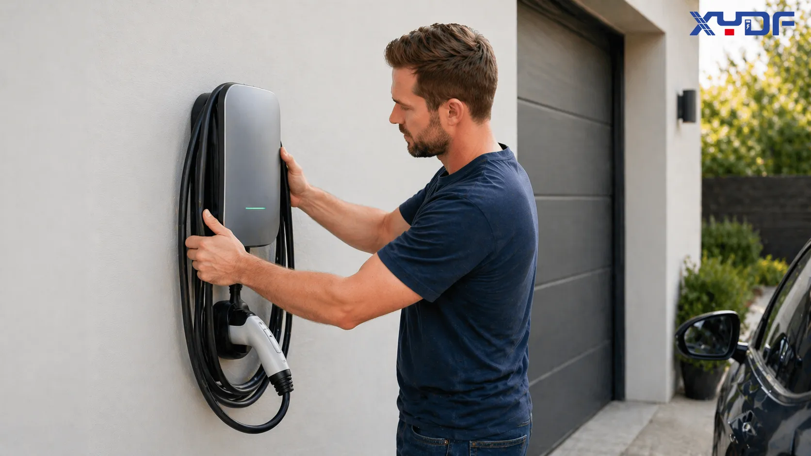 A man is installing a home EV charger.