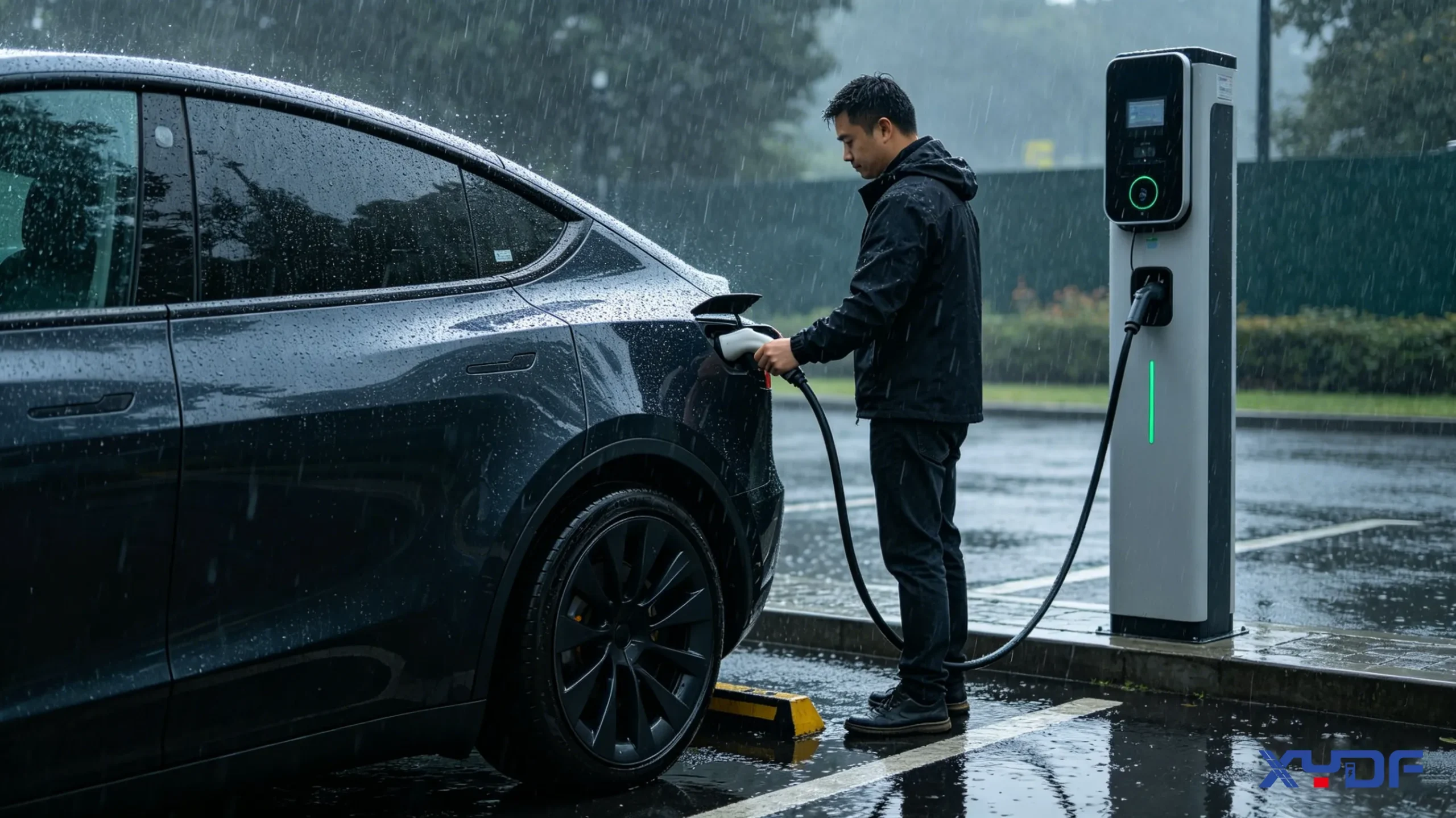 a man charges an ev in rain