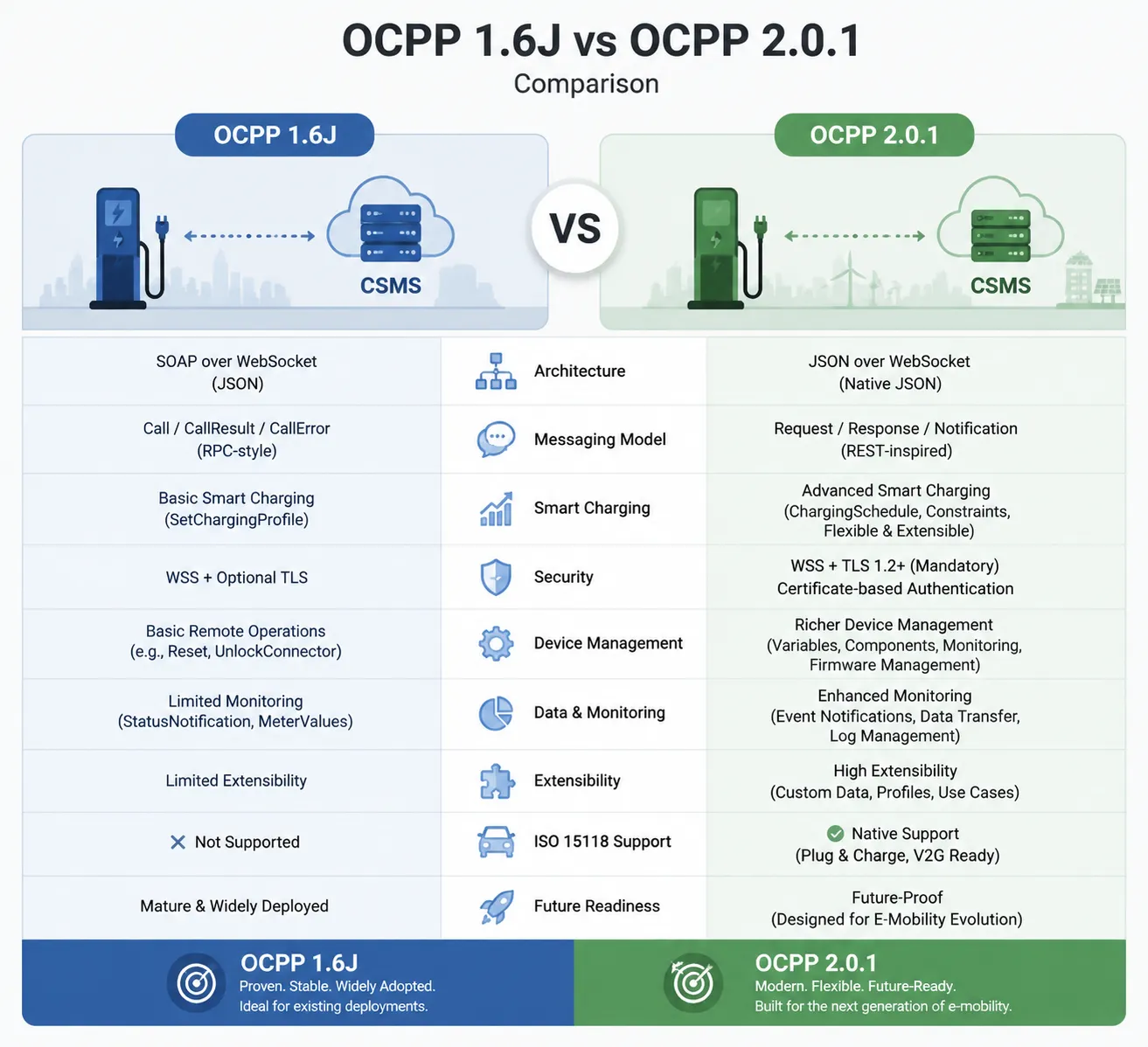 OCPP 1.6J vs OCPP 2.0.1 Comparison