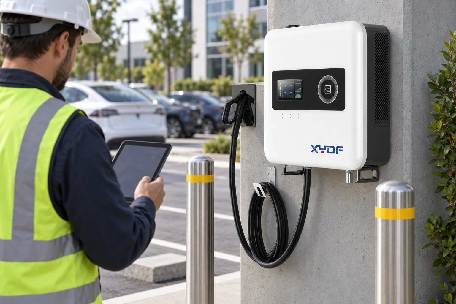 Procurement and engineering team comparing rated power, efficiency, IP rating, OCPP, and certification fields on an EV charger datasheet