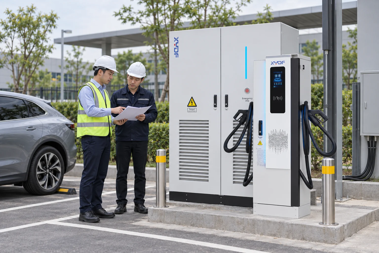 Project team reviewing installation clearance and certification scope for commercial EV charging equipment