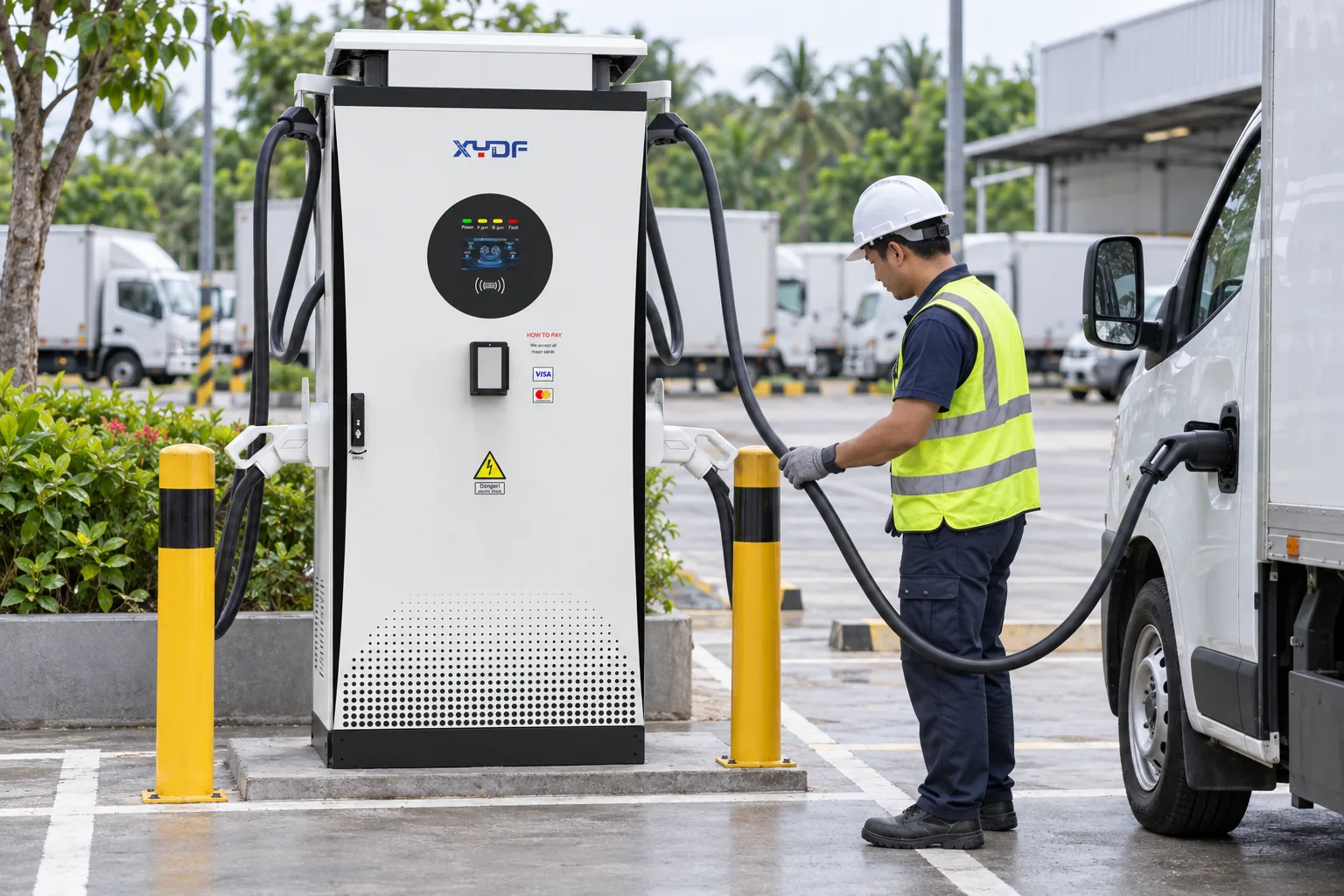 Technician checking cable reach and connector planning beside a DC fast charger