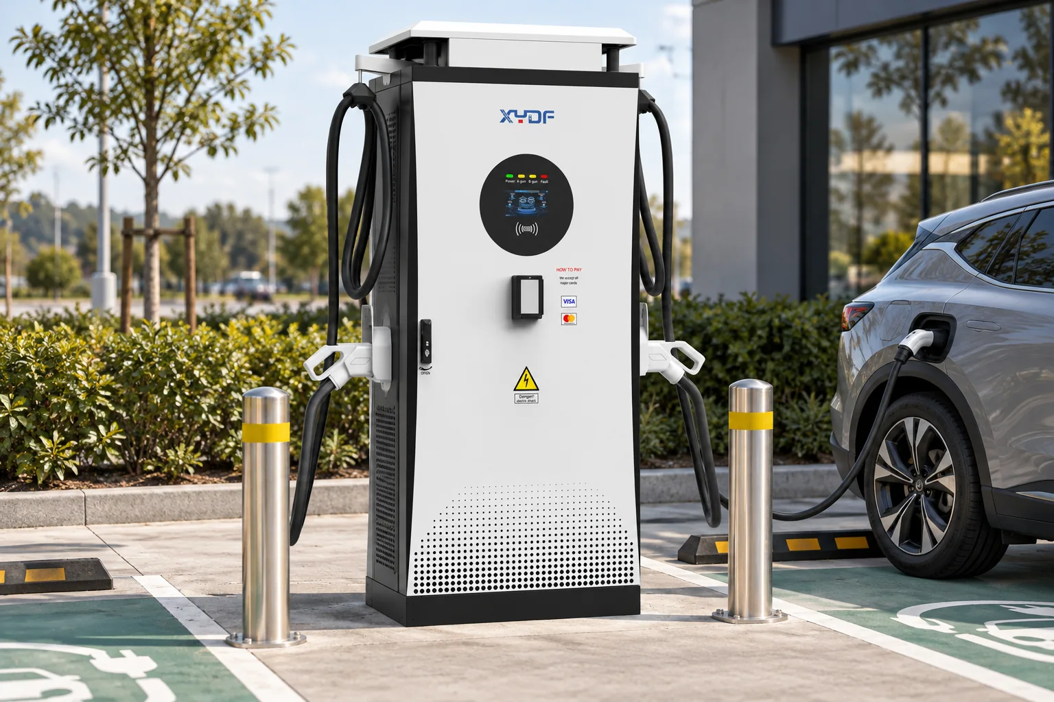 Outdoor commercial EV charging station used to review CCS2 and GB/T connector compatibility