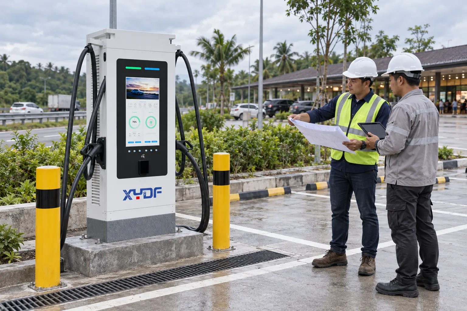 Project team reviewing site plan beside an Indonesian public EV charging station