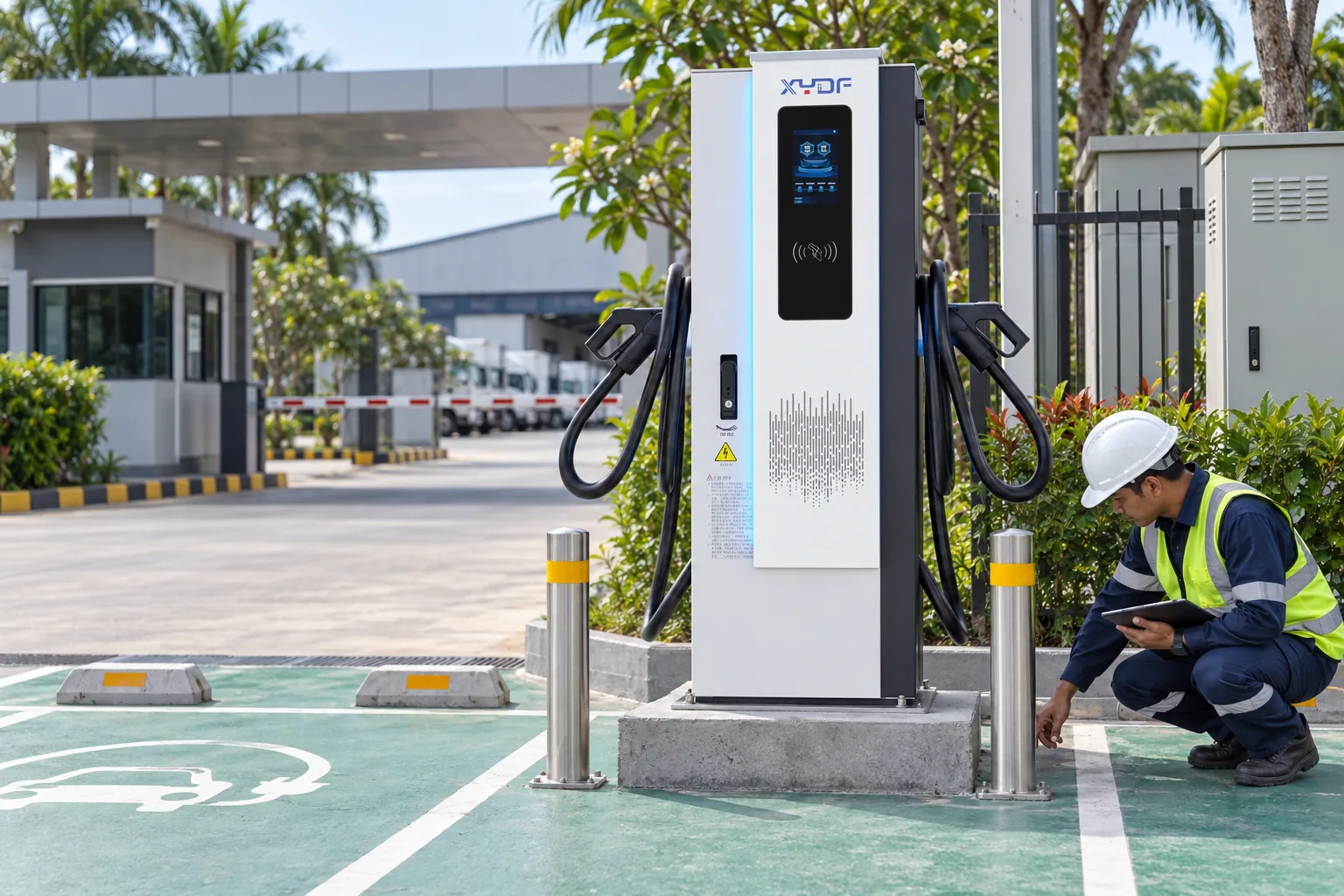 Technician checking base clearance and service access for a DC fast charging station