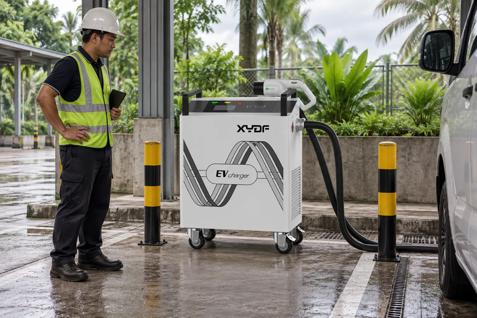Technician inspecting cable management and airflow around an outdoor EV charger in a humid tropical site