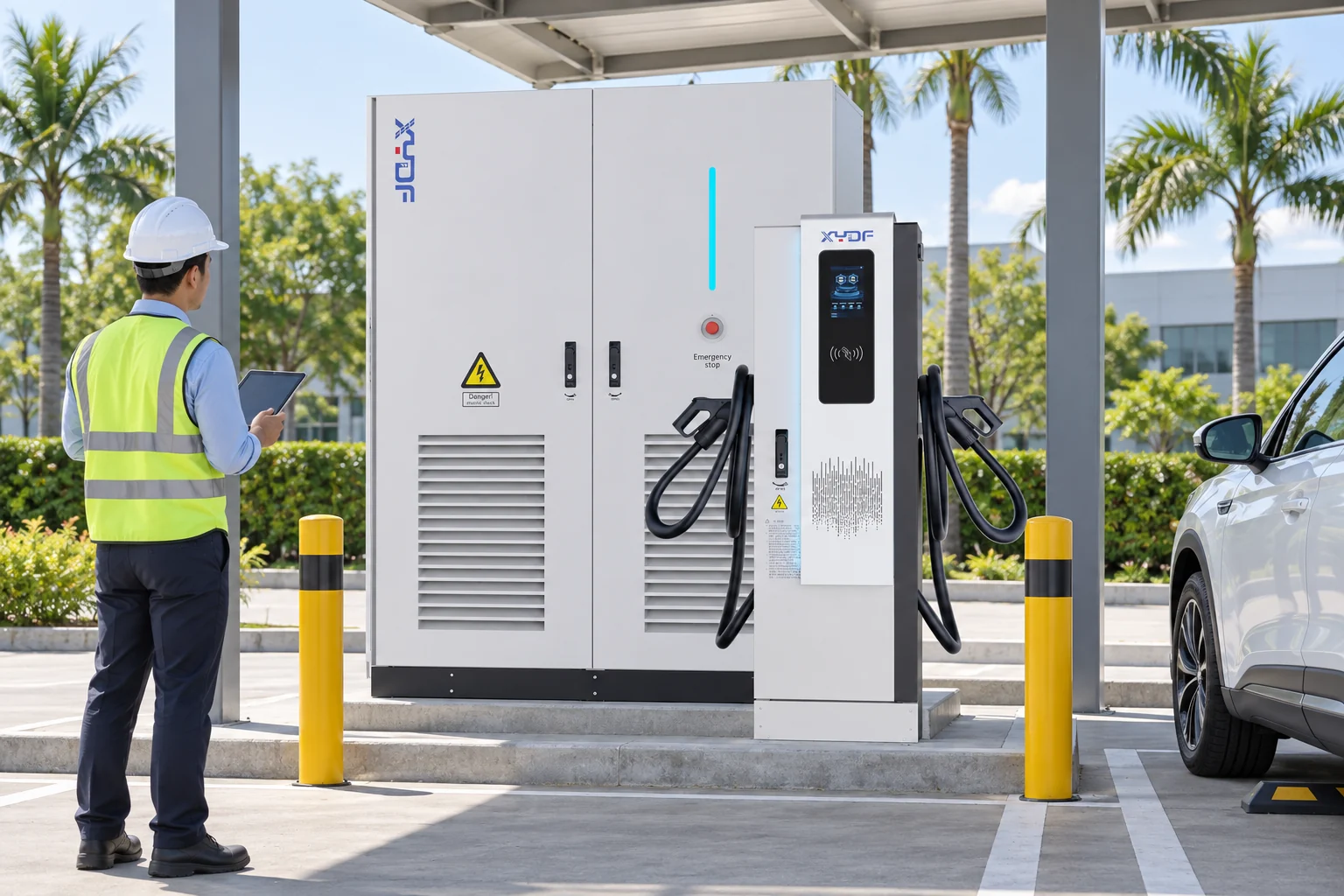 Outdoor DC fast charger under shade with clearance for tropical heat management