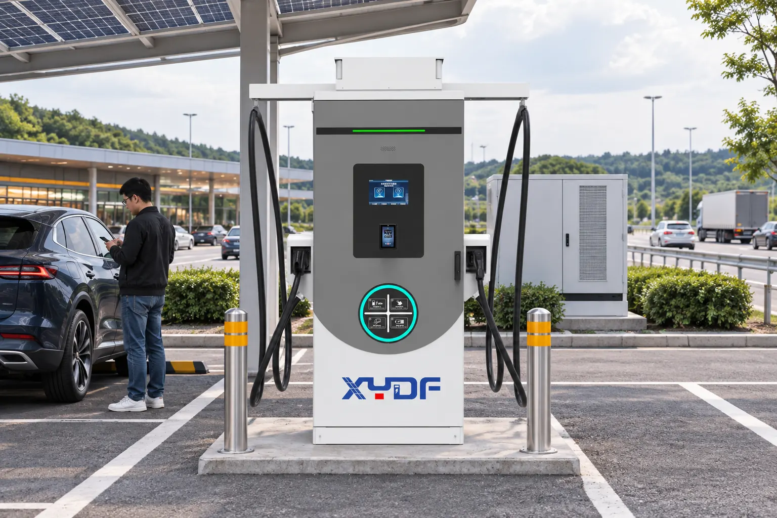 EV charging system under solar canopy with storage context for uptime planning