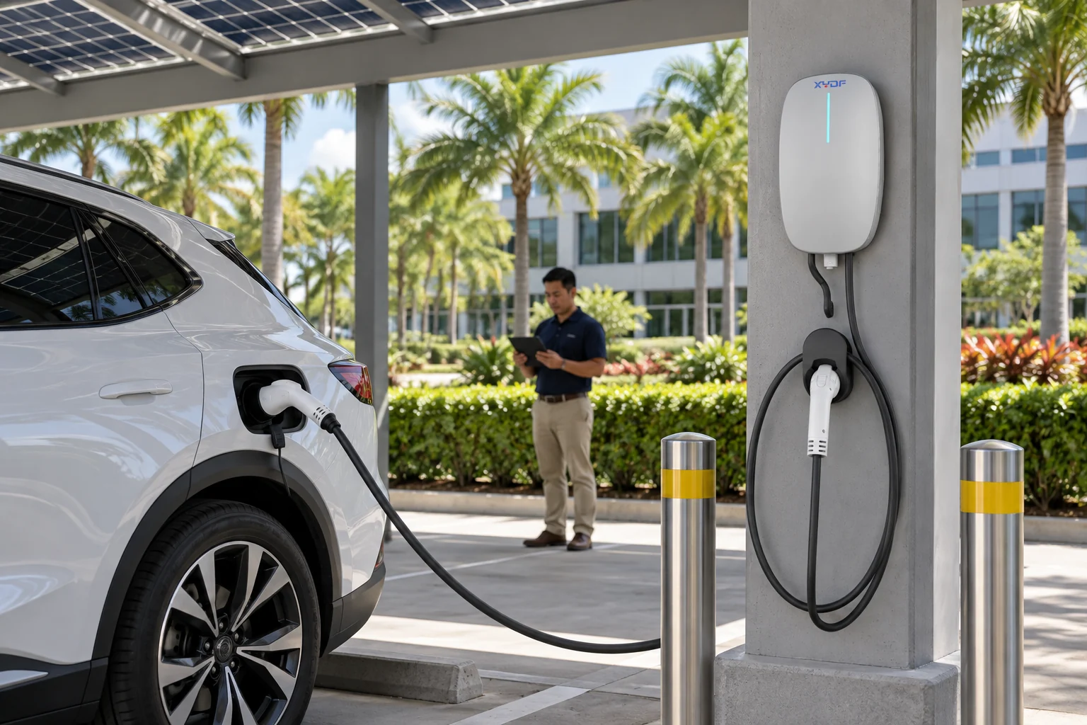 Wall mounted EV charger under solar carport shade at a tropical commercial parking site