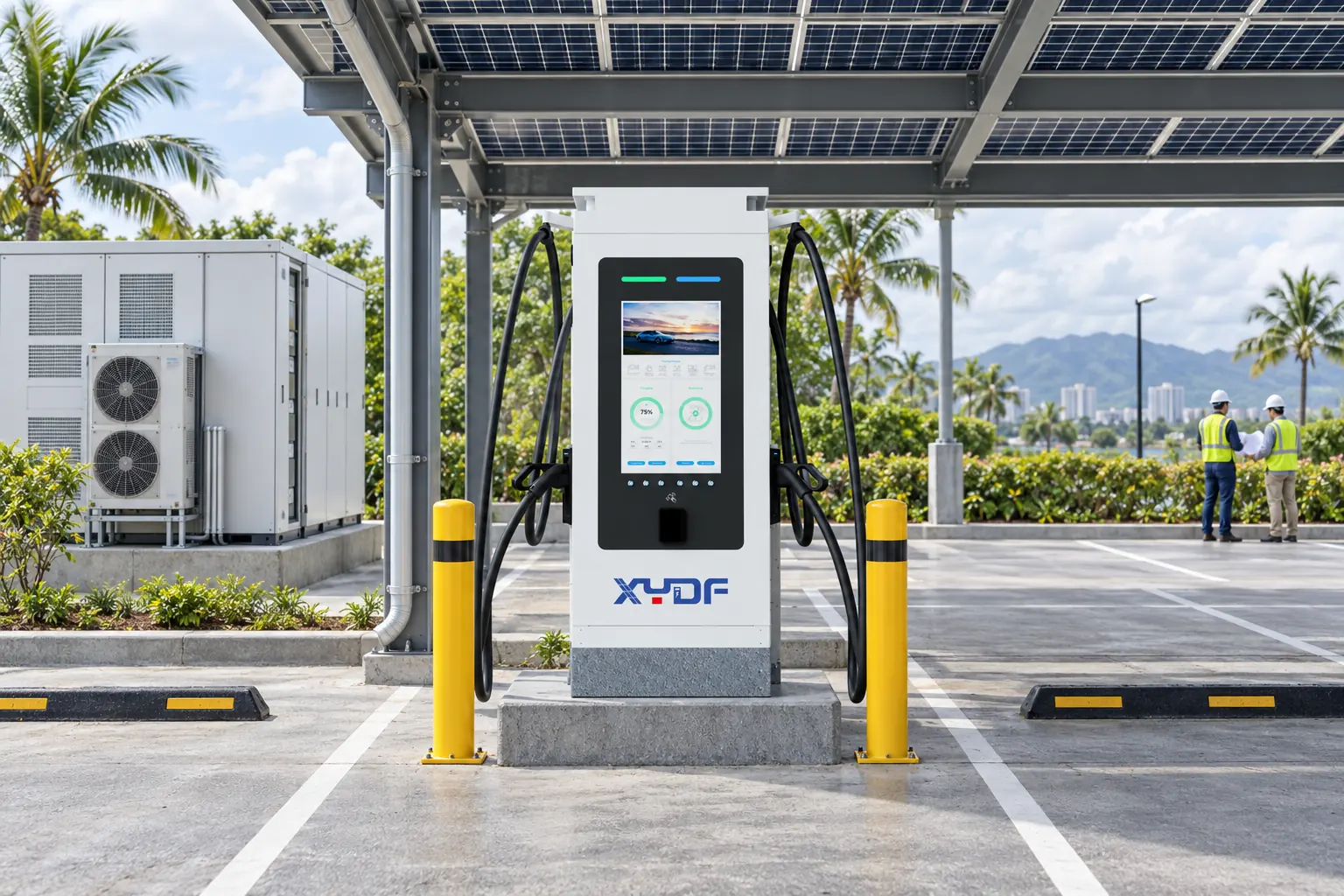 Commercial EV charging station under solar canopy with space for storage and cooling planning