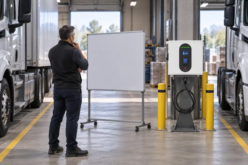 Fleet manager reviewing a charging and battery logistics plan at a commercial depot
