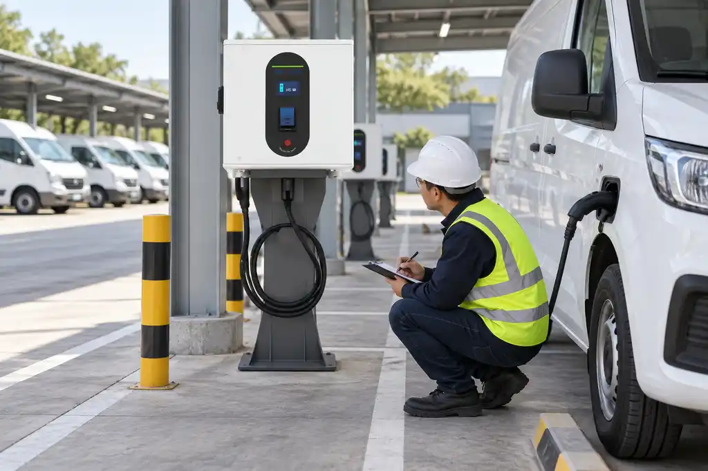 Engineer checking vehicle parking geometry, cable reach and maintenance access at a fleet depot