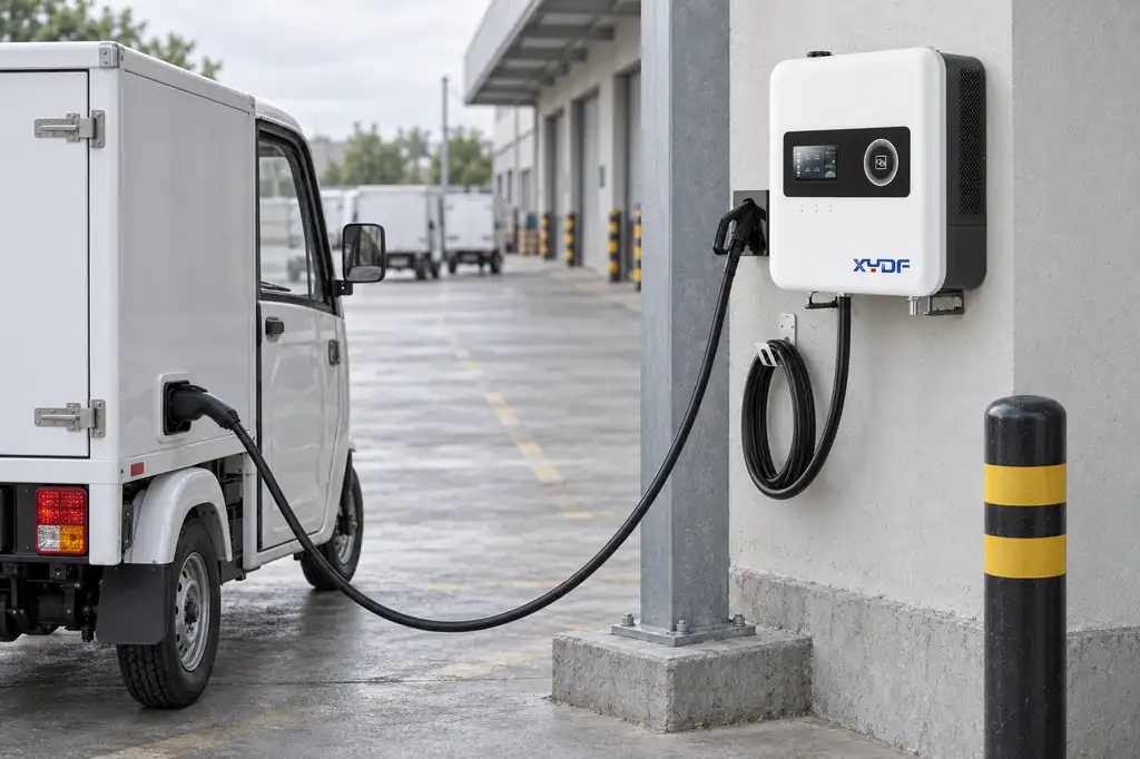 Outdoor XYDF charger with cable access beside an electric three-wheel delivery vehicle