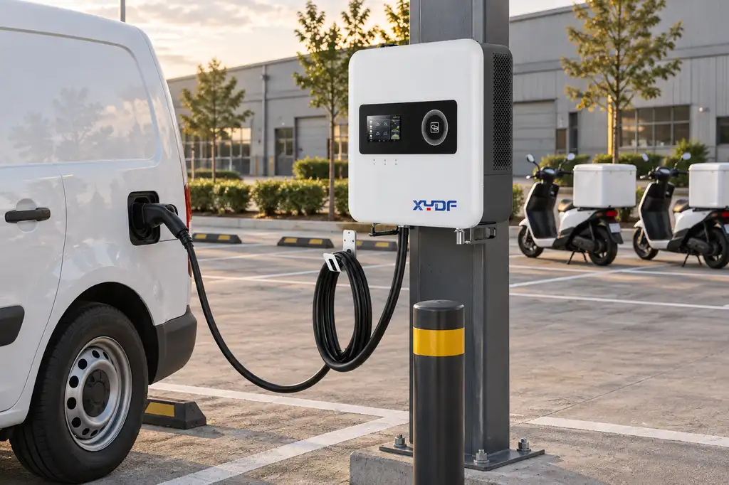 Commercial delivery depot layout with grounded XYDF EV charger and marked fleet charging bays
