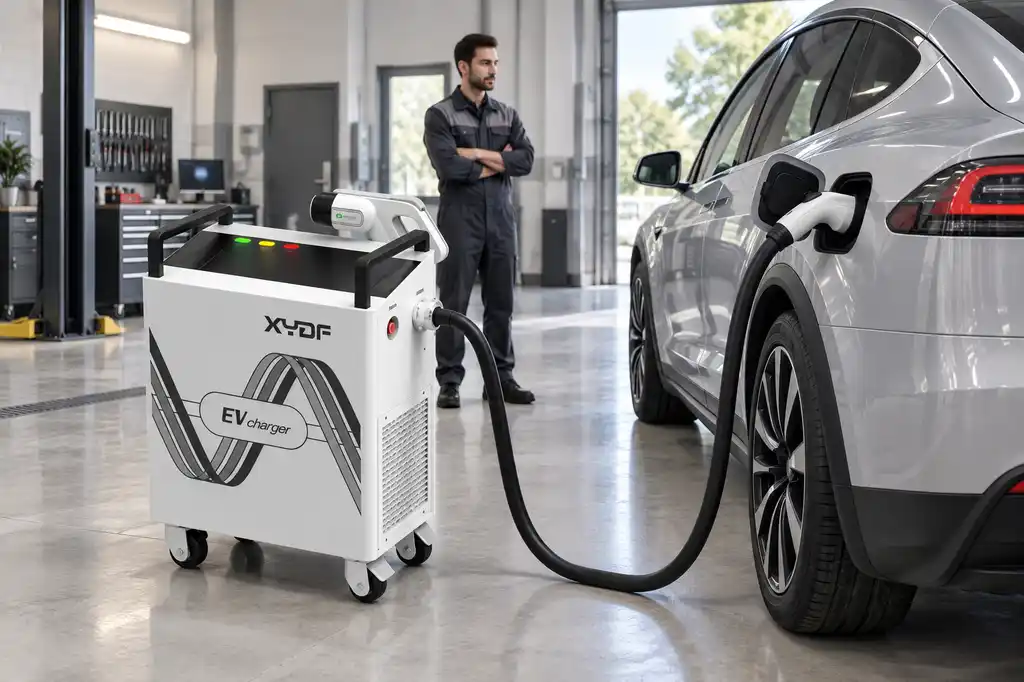 Technician checking an electric vehicle fast charging setup before a winter charging session