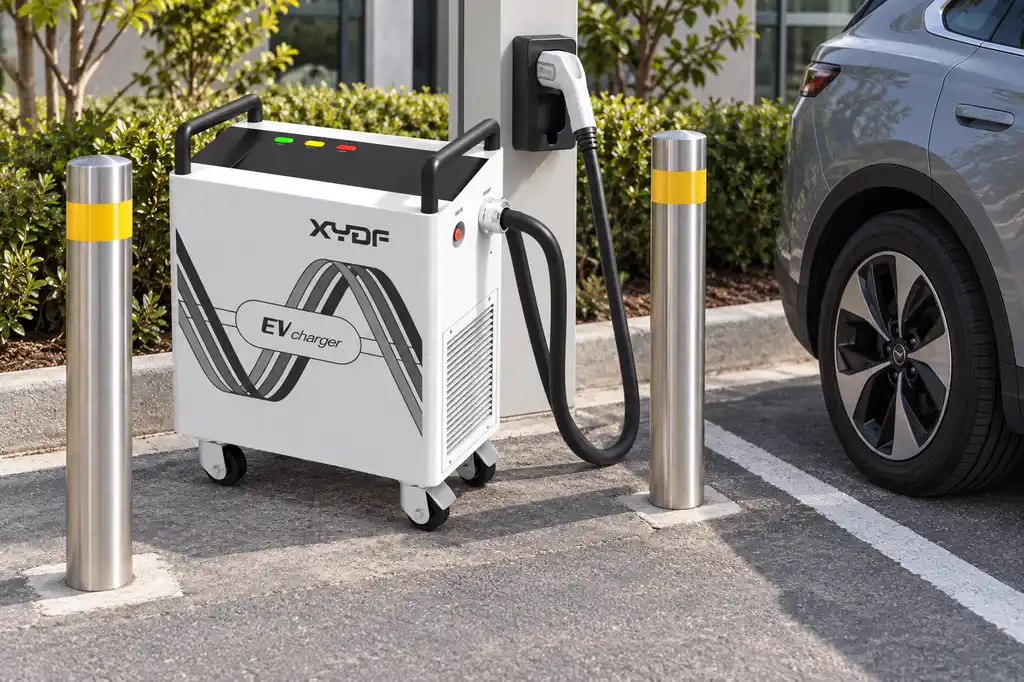 Grounded EV charger with protective bollards, connector holster and a cable kept clear of vehicle wheels