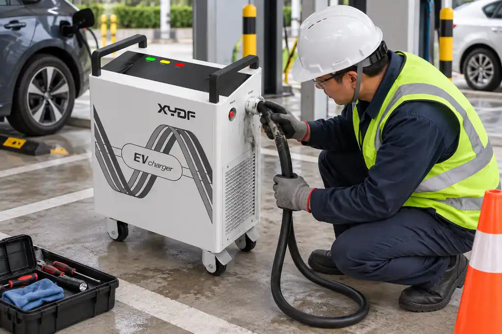 Technician safely inspecting an EV charger connector and cable after site damage