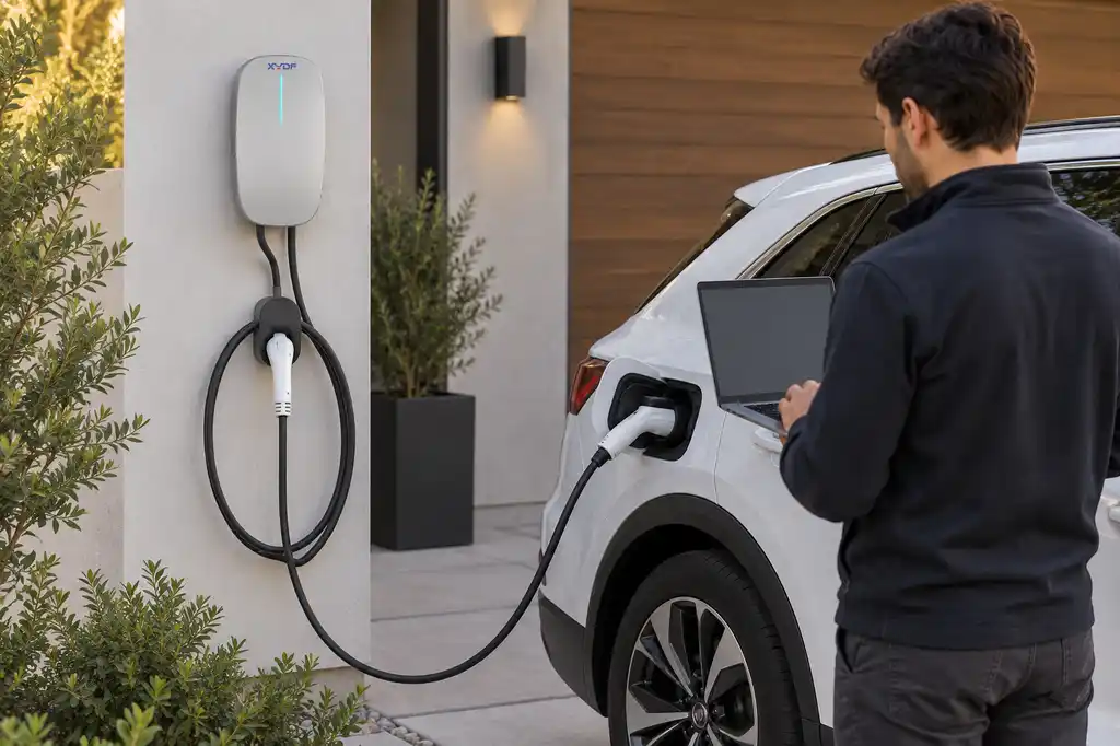 Operator viewing live EV charger status while a vehicle uses a commercial charging bay