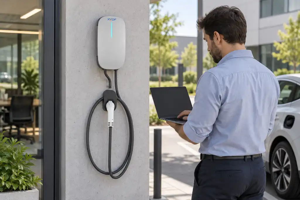 Engineer reviewing EV charging API access controls beside a grounded commercial charger