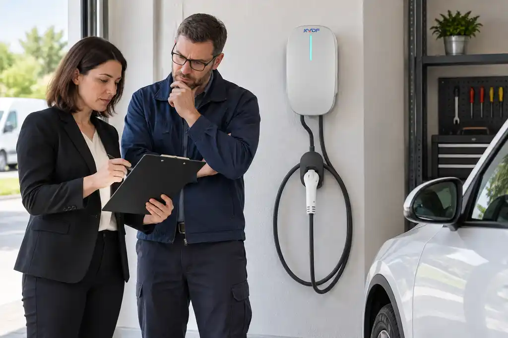 Buyer and engineer reviewing an EV charging data privacy checklist beside a commercial charger
