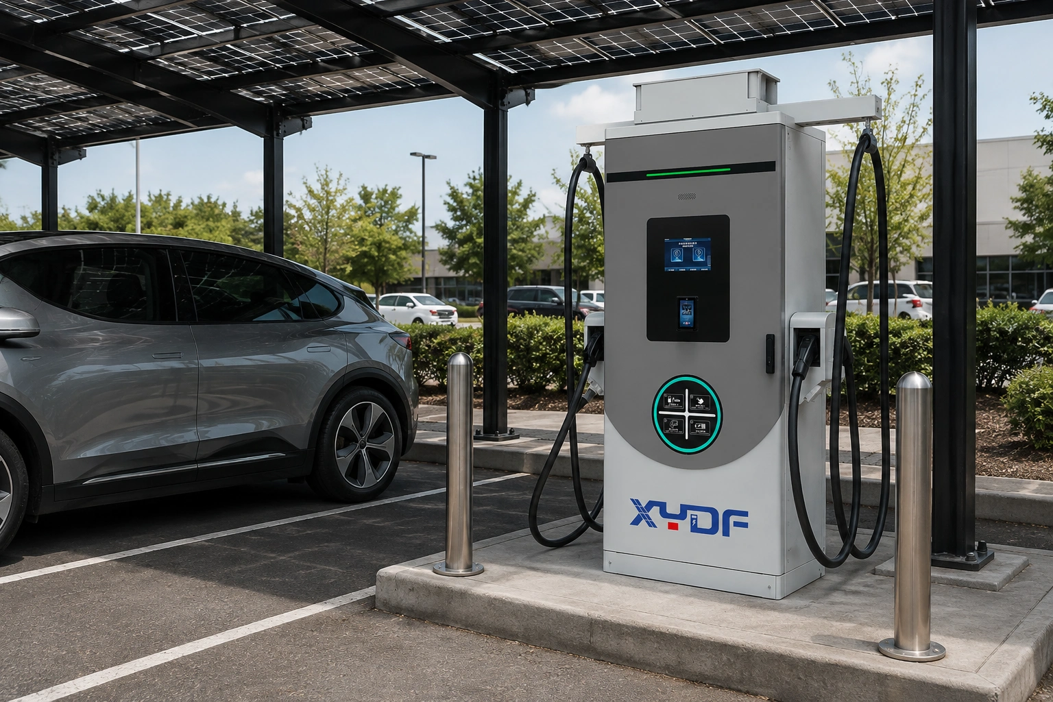 El auténtico cargador comercial EV XYDF está instalado naturalmente debajo de un carpa solar