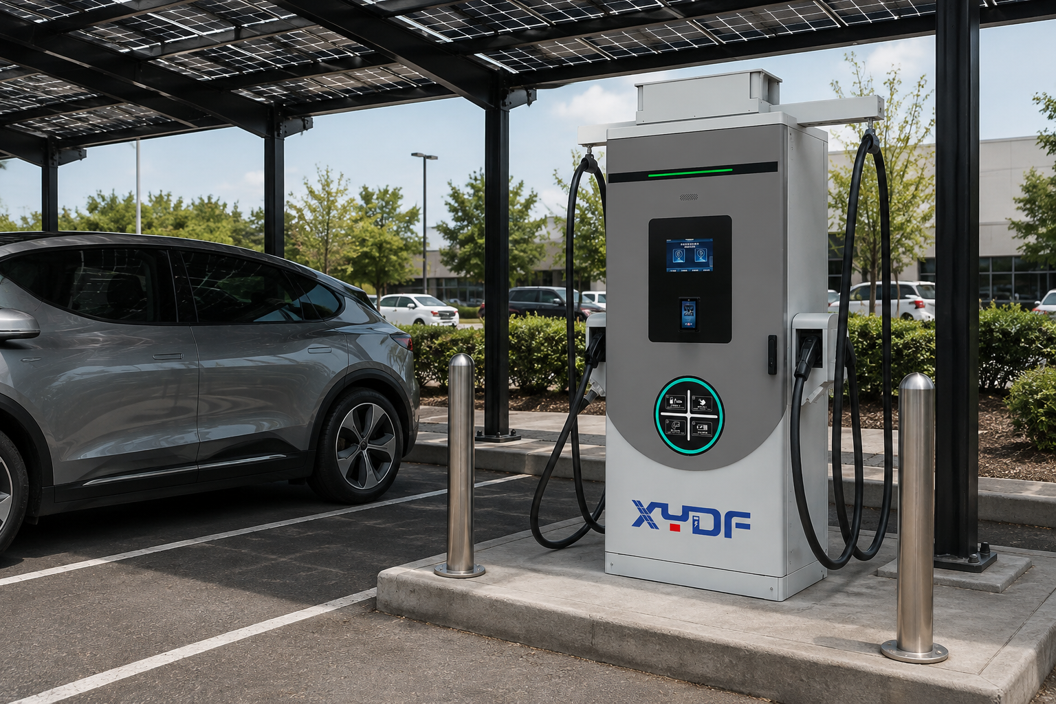 Genuine XYDF commercial EV charger naturally installed under a solar carport