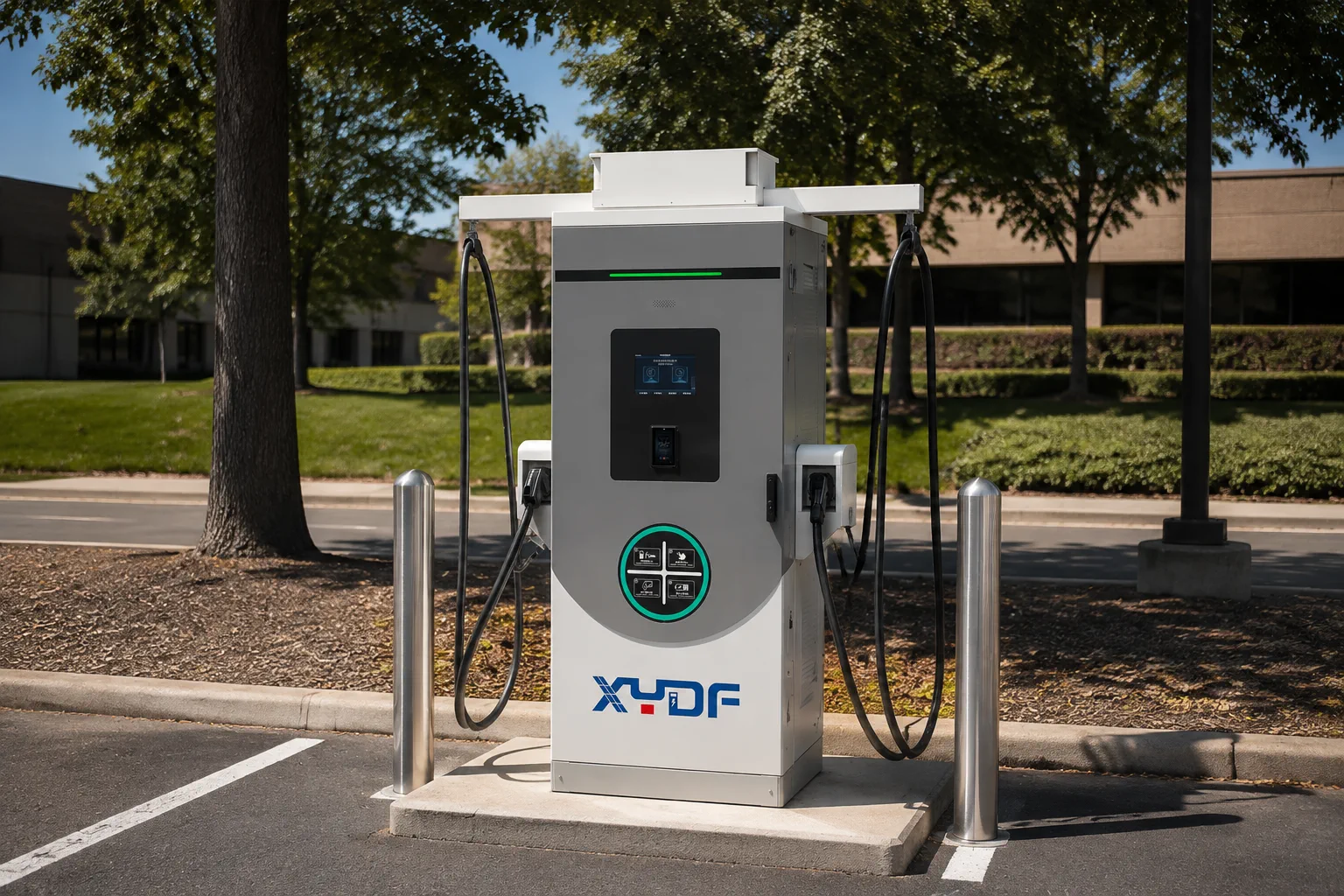 Genuine XYDF commercial EV charger naturally installed at a campus parking lot
