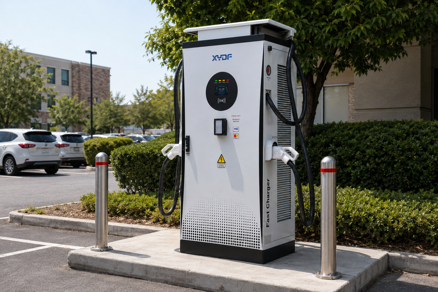 Genuine XYDF commercial EV charger naturally installed at a campus parking area