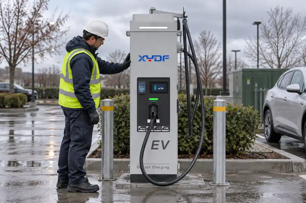 Technician inspecting a commercial EV charger before restarting it after a power outage
