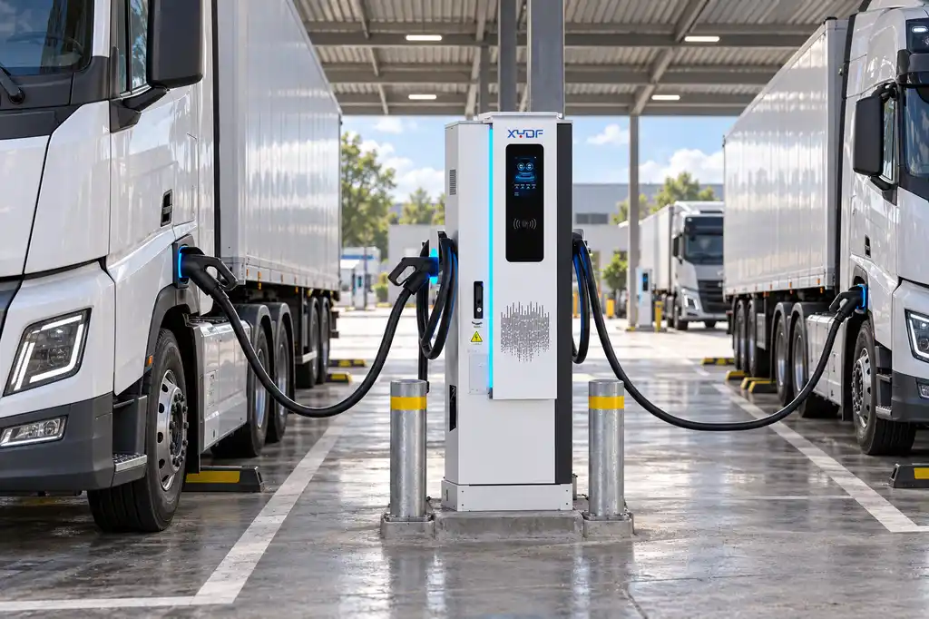 Electric truck depot with charging bays, safe cable reach and practical service clearance