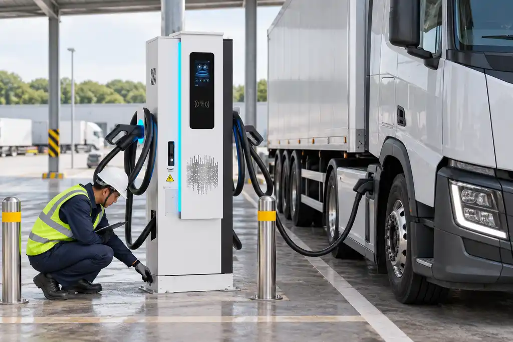 Technician checking a grounded high-power charger cabinet and cable path beside an electric truck