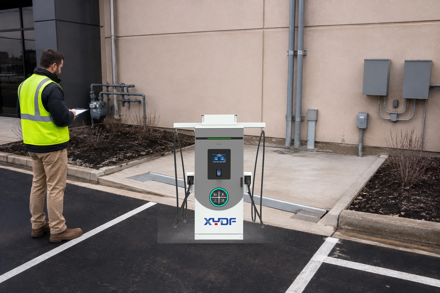 Genuine XYDF commercial EV charger at a practical electrical site assessment