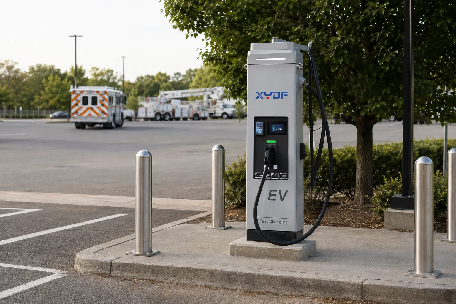 XYDF charging equipment safely installed with emergency access at a city fleet depot
