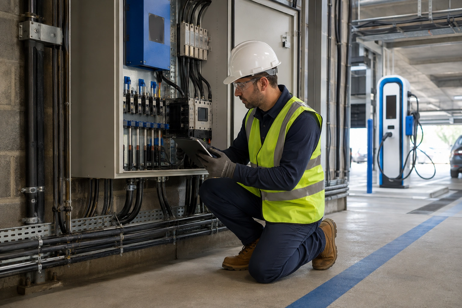 Engineer assessing electrical capacity for a commercial EV charging project