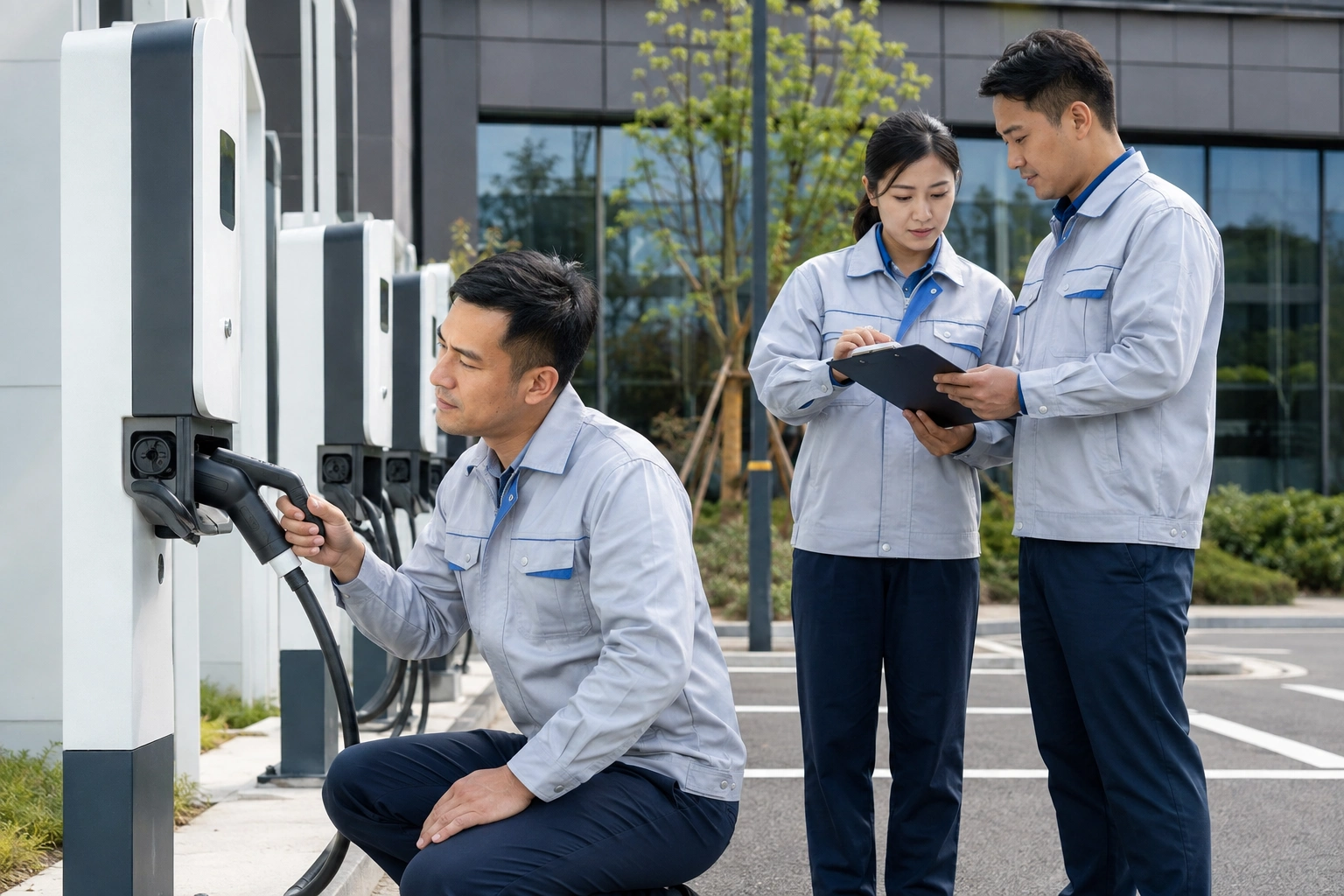 Engineer inspecting completed commercial EV charging stations