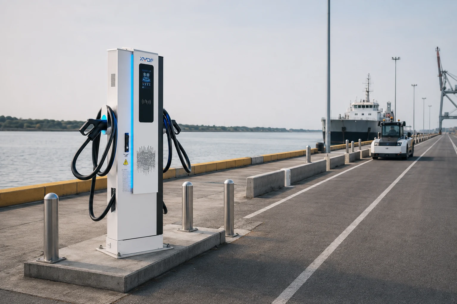 XYDF high-power charging equipment installed in a protected port autonomous-fleet service lane