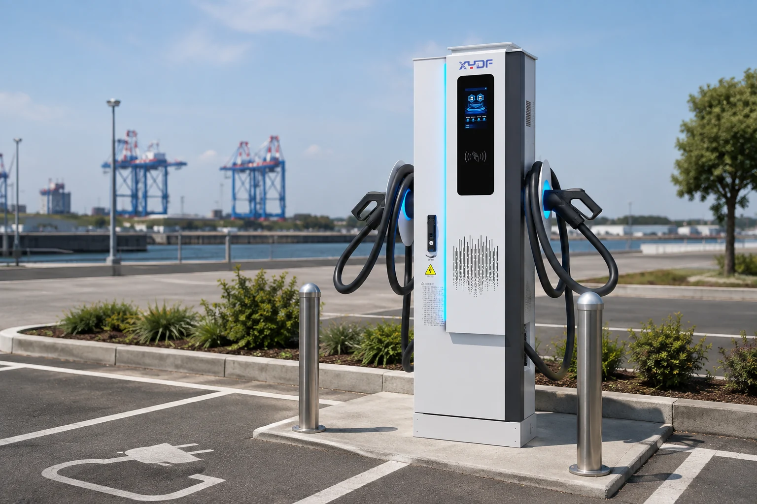 XYDF charging equipment integrated into an orderly port vehicle holding lane