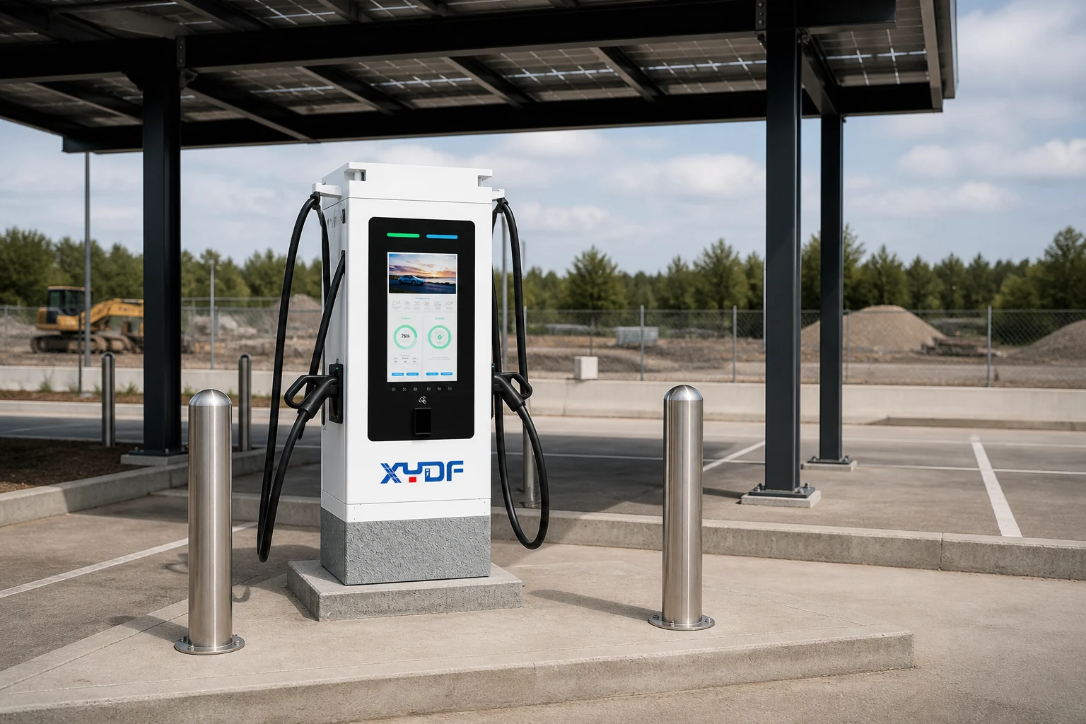 XYDF commercial charger mounted safely at an outdoor construction fleet charging bay
