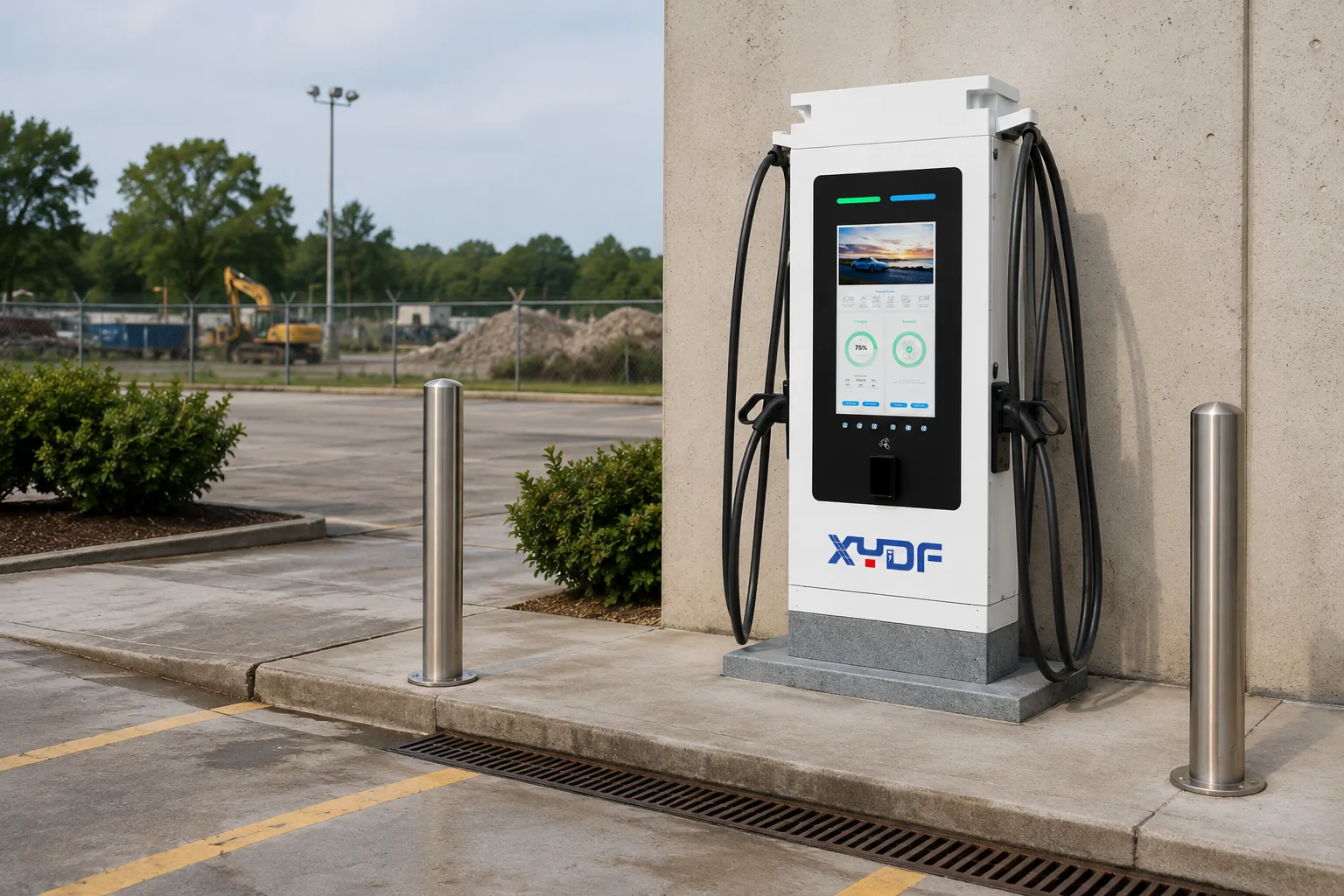 XYDF charging equipment with cable management and maintenance clearance at an industrial site