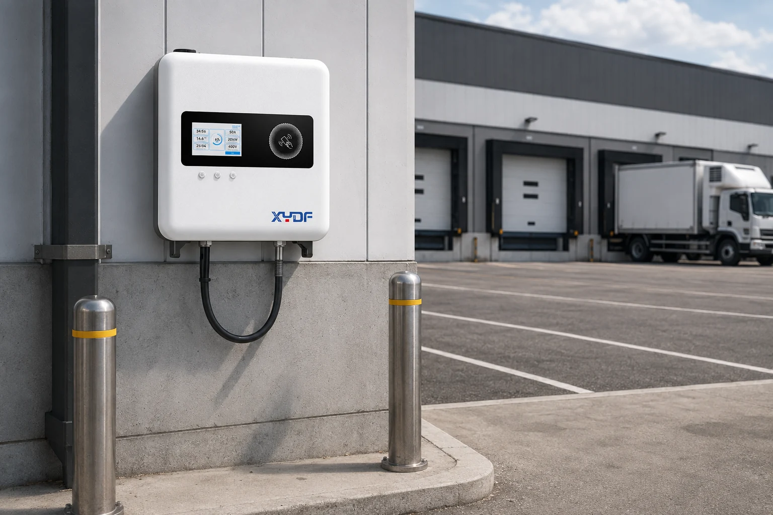 XYDF charger securely wall-mounted at a cold-chain fleet dispatch area