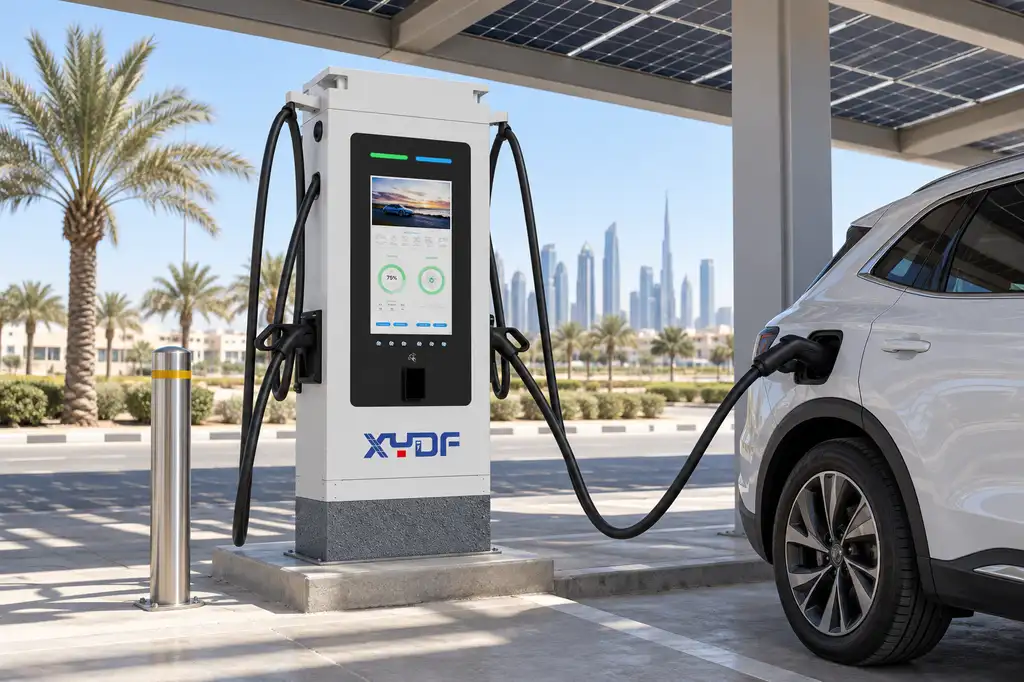 Gulf solar canopy providing shade around a grounded XYDF DC fast charging station