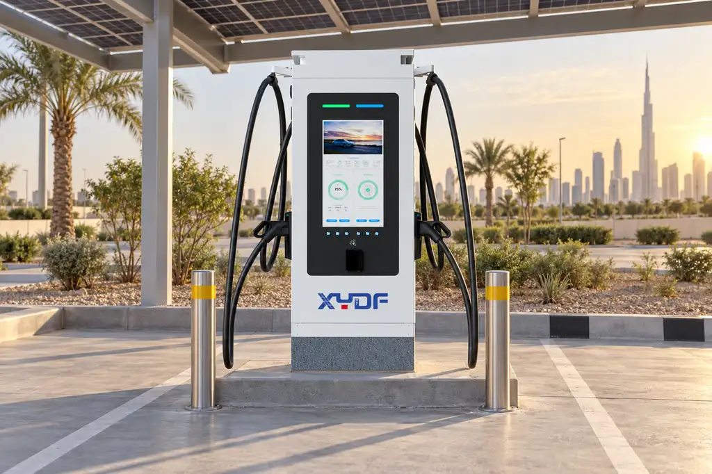 Grounded XYDF charging station in a shaded Gulf solar-canopy forecourt with maintenance clearance