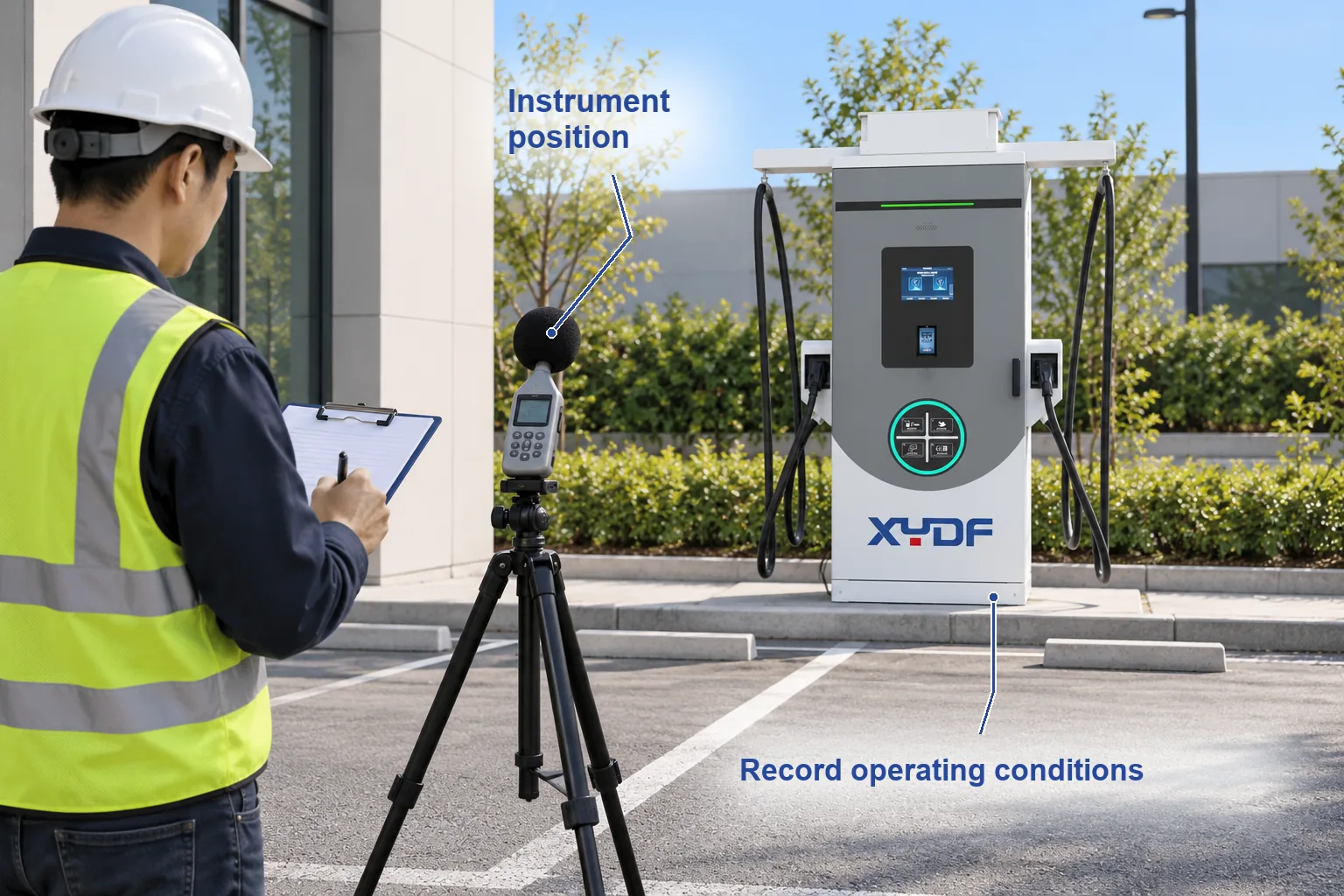 Illustrative site noise survey with a microphone near the receiving building and a real XYDF charger beyond; annotated with Instrument position, Record operating conditions