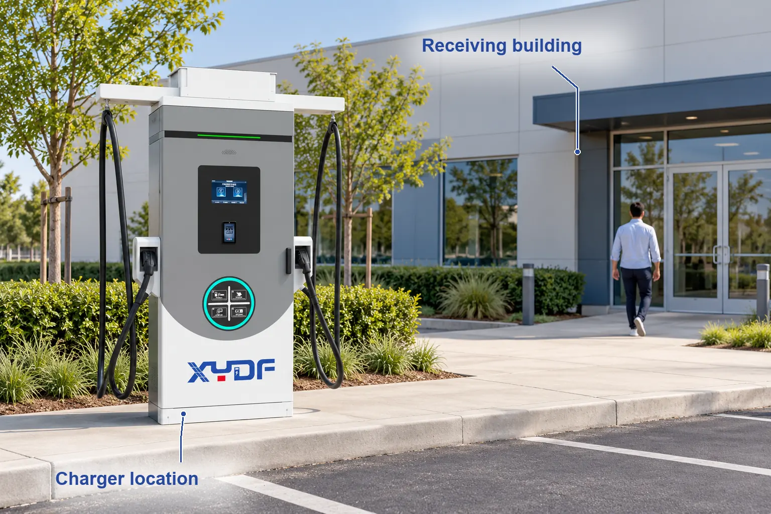 Relationship between a real XYDF DC charger location and a nearby building facade; annotated with Receiving building, Charger location