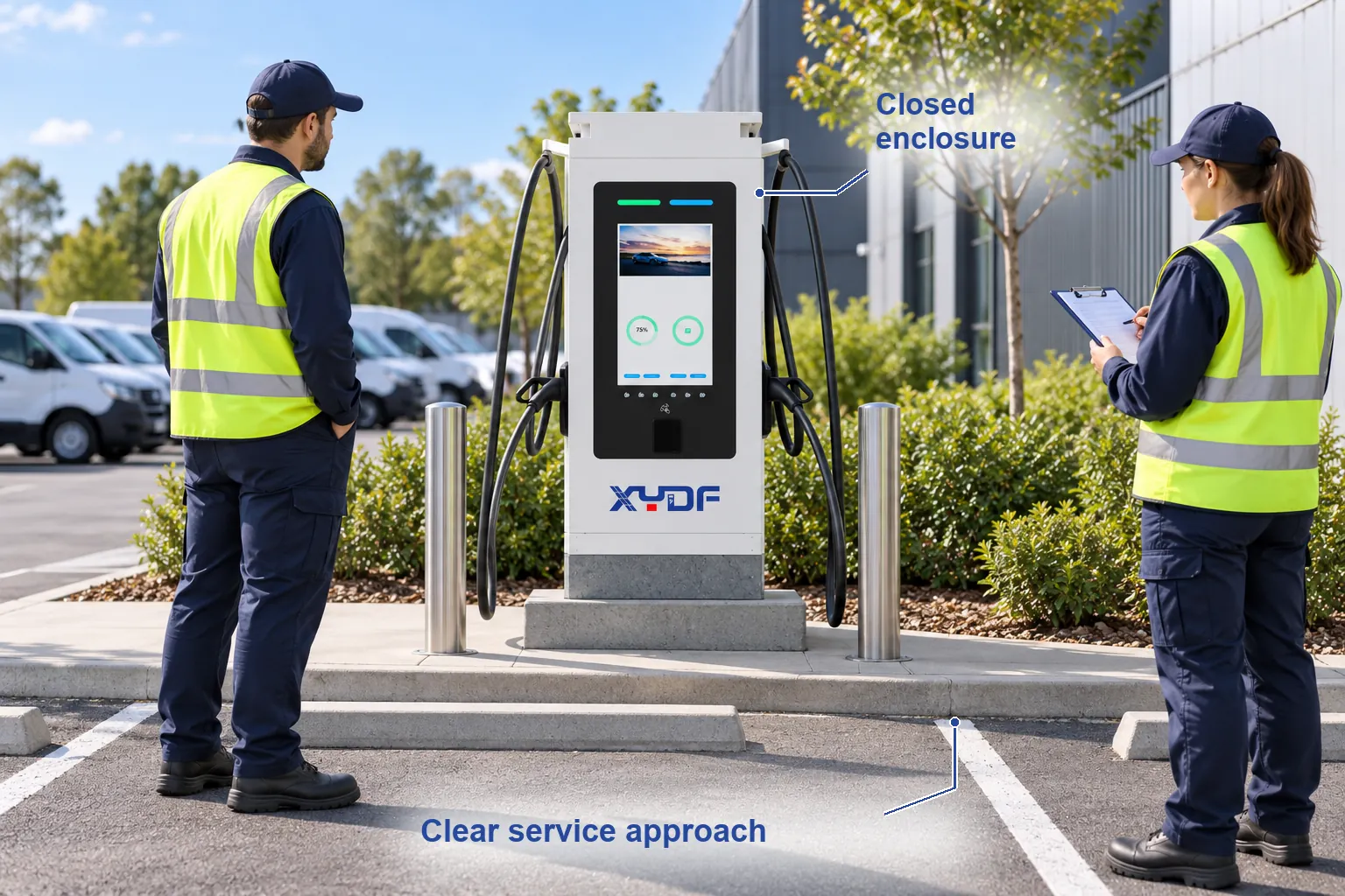 Closed XYDF charger enclosure and unobstructed service approach during an exterior training walk-through; annotated with Closed enclosure, Clear service approach