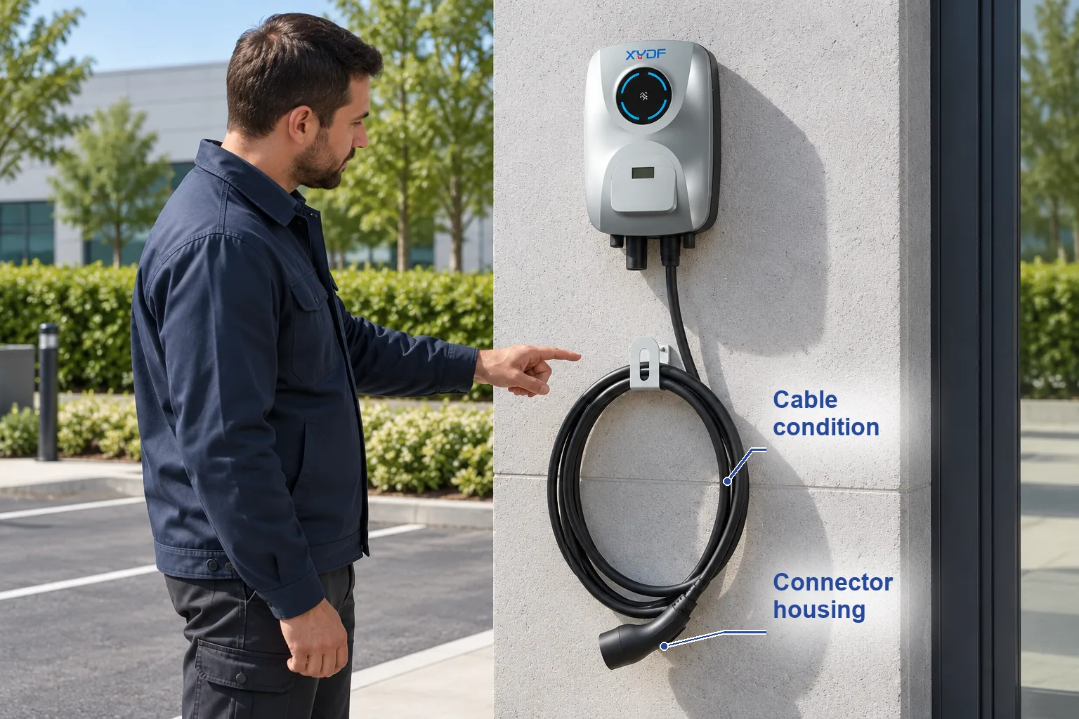 Exterior visual inspection of the stored cable on a genuine XYDF wall-mounted EV charger; annotated with Cable condition, Connector housing