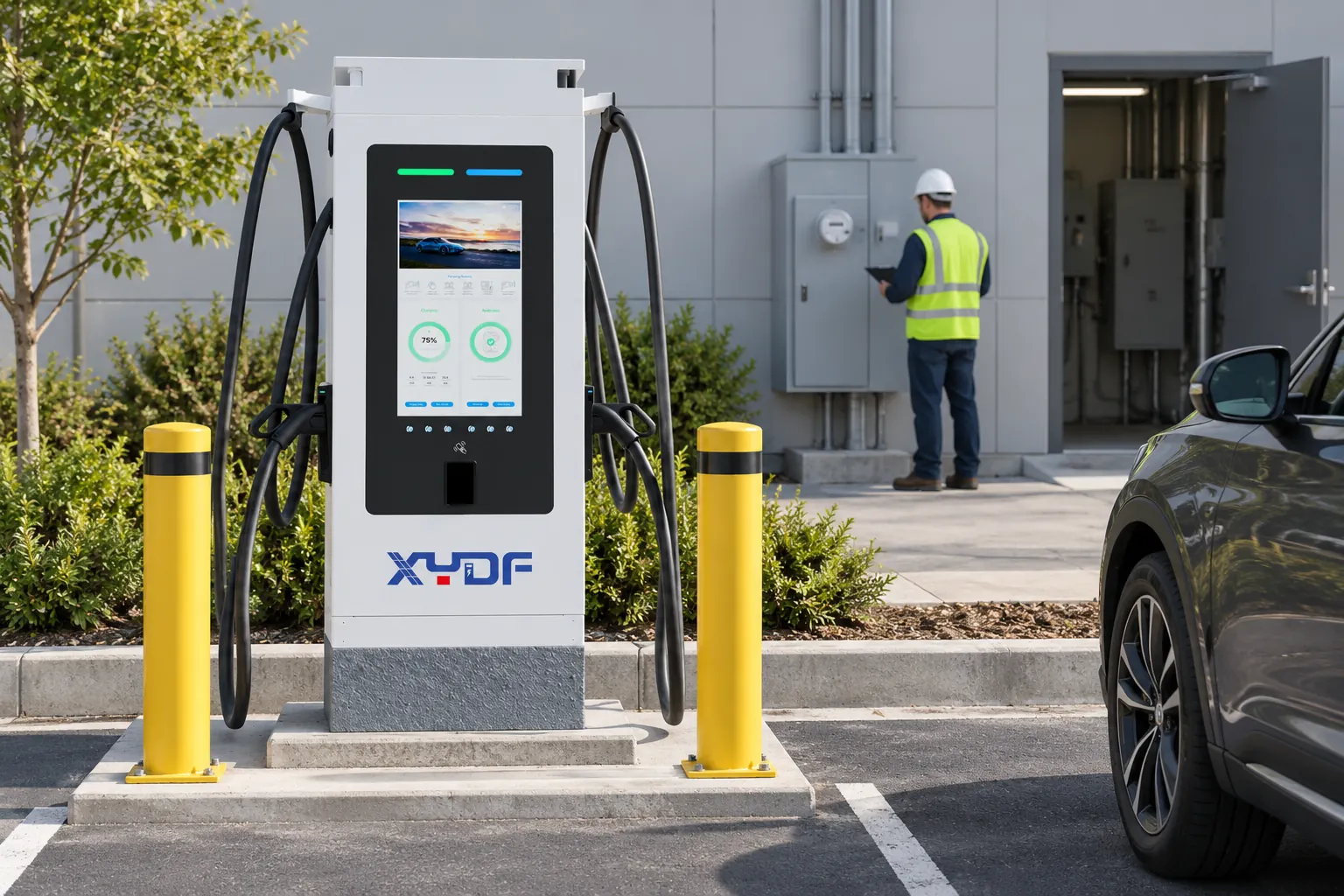 XYDF DC EV charger beside commercial electrical service equipment