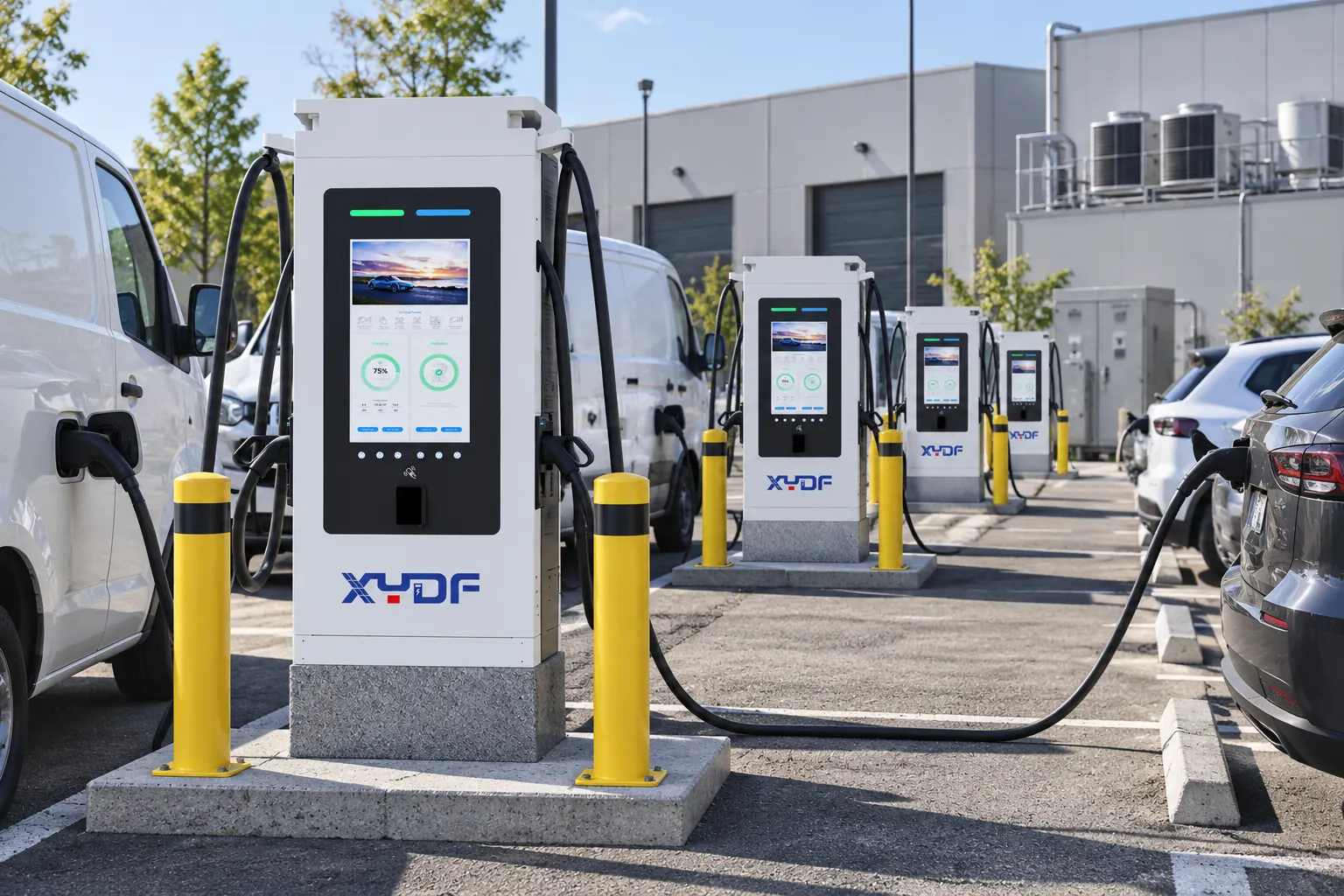 XYDF DC EV charger at a fleet depot with building loads in the background